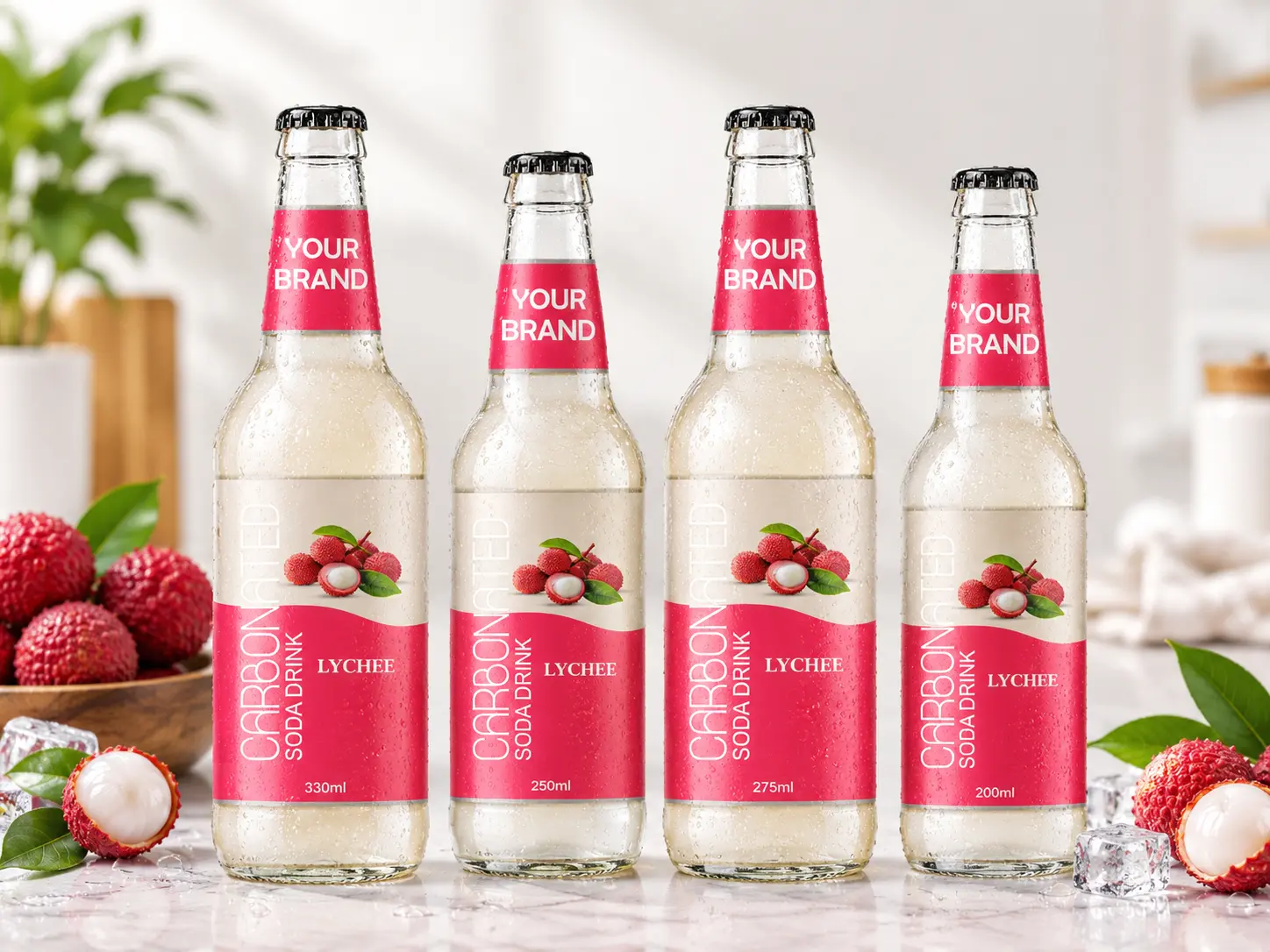 CARBONATED SODA DRINK Lychee flavour in 330ml, 250ml, 275ml and 200ml glass bottles.